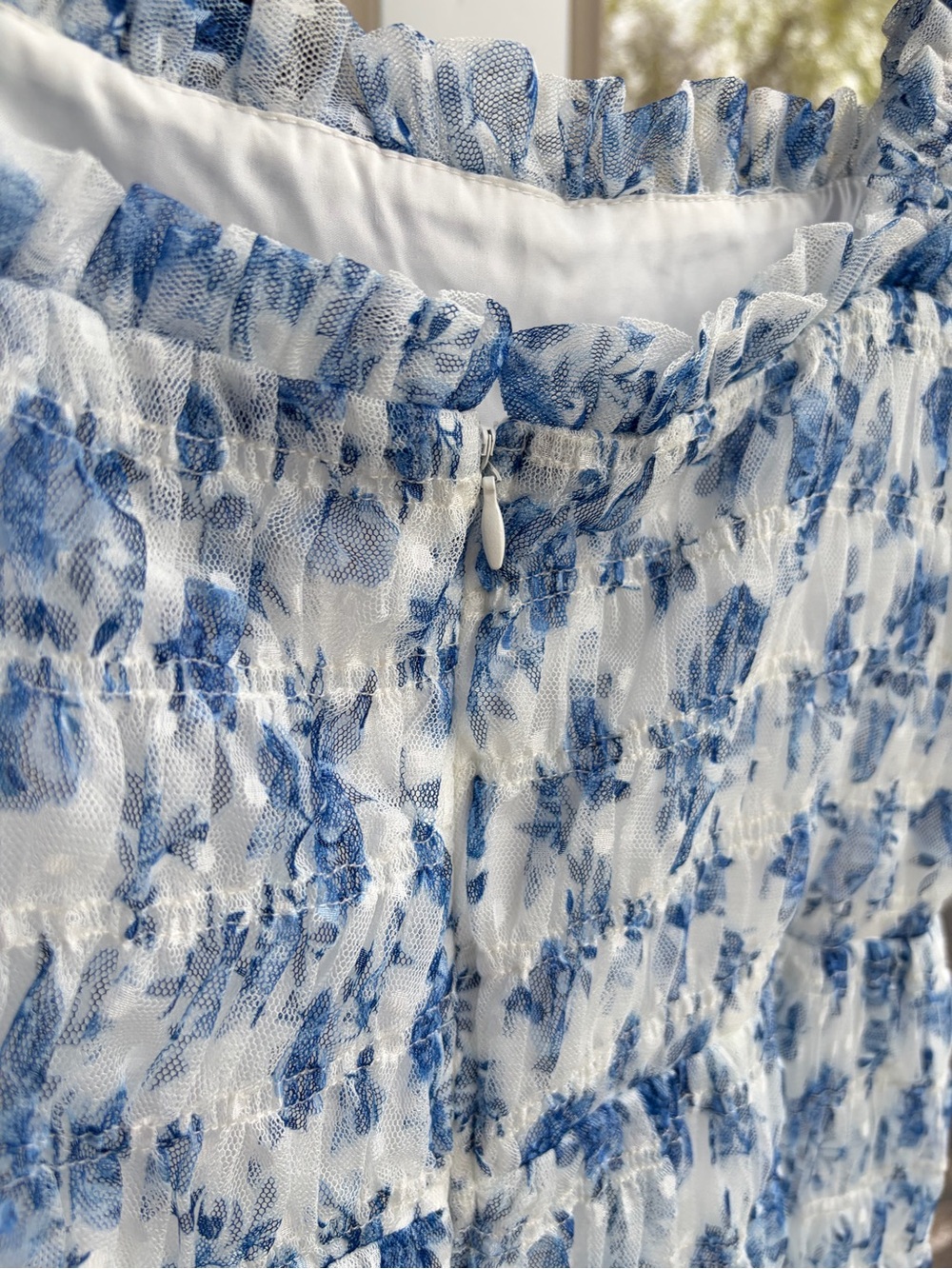 🆕🦋AQUA Blue White Floral Midi Dress Size L Bodice Tulle Overlay Cottagecore - Picture 10 of 17